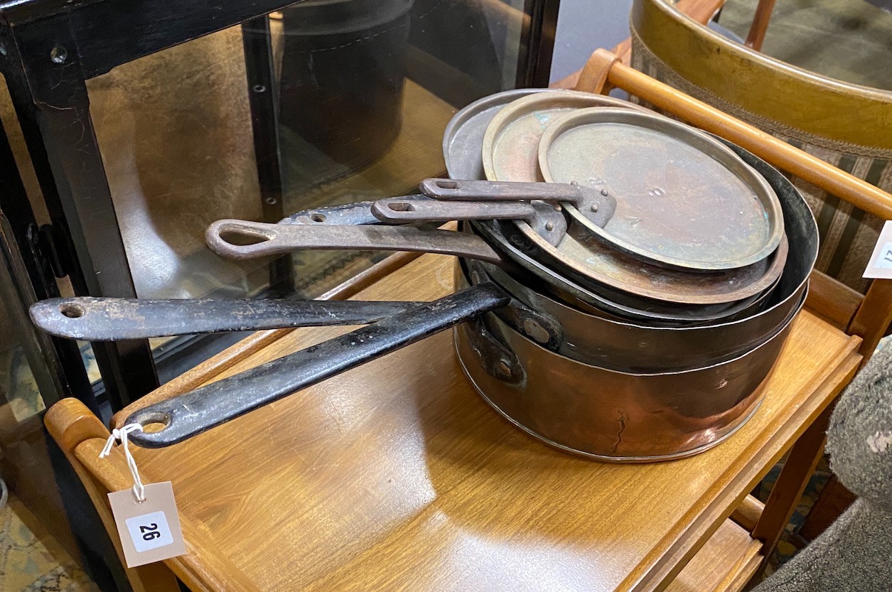 Three graduated Victorian lidded copper pans, largest diameter 31cm